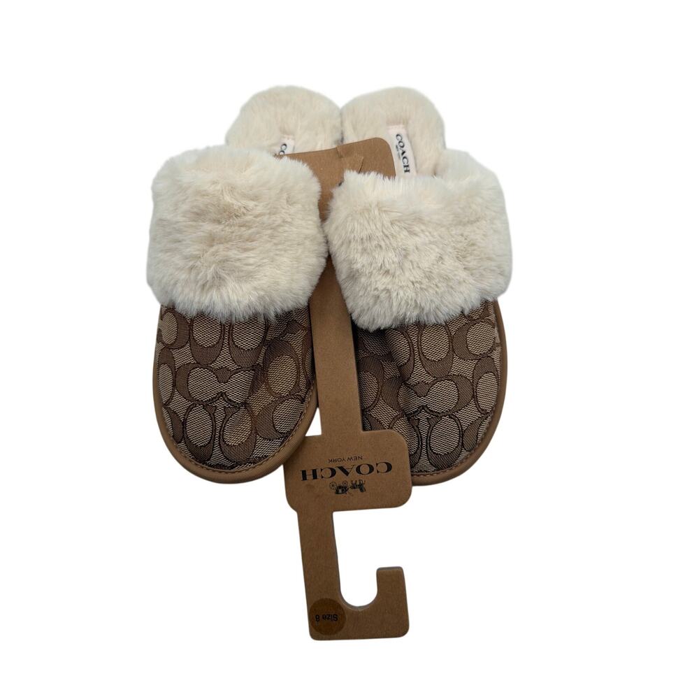 ⭐️ Women’s Coach Faux Fur Signature C Slippers Size 8 NWT